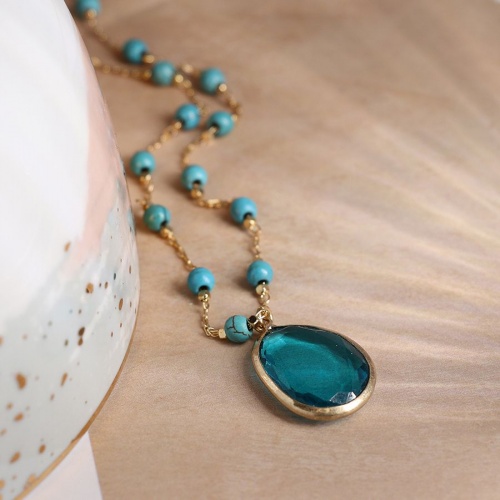 Golden Turquoise Bead Necklace with Turquoise Crystal Necklace by Peace of Mind